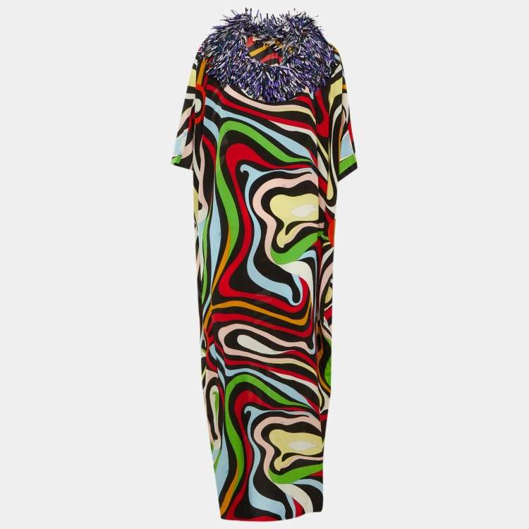 Pre Owned Emilio Pucci Multicolor Printed Silk Fringe Detail Kaftan Dress One Size  