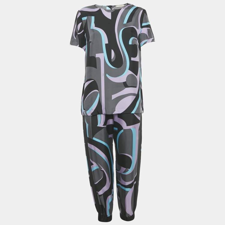 Pre Owned Emilio Pucci Multicolor Patterned Silk Top & Joggers M