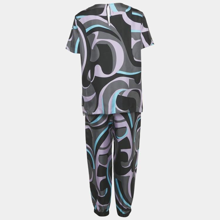Pre Owned Emilio Pucci Multicolor Patterned Silk Top & Joggers M