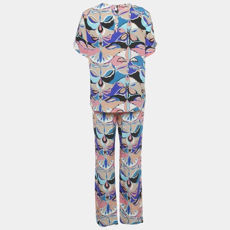 Pre Owned Emilio Pucci Multicolor Printed Silk Top & Pants S