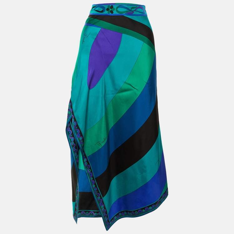 Pre Owned Emilio Pucci Multicolor Printed Silk Midi Skirt M