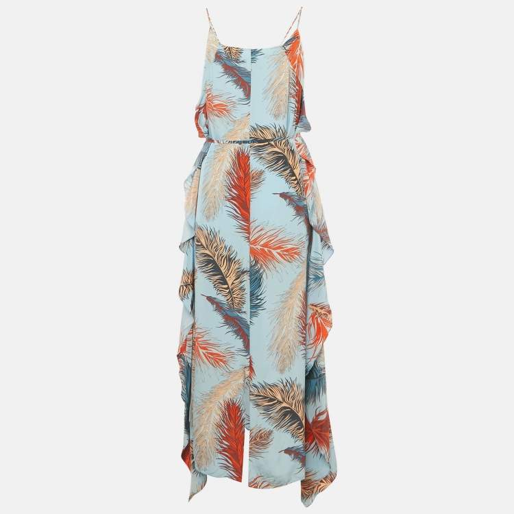 مملوكة مسبقًا Emilio Pucci Blue Feather Print Silk Ruffle Midi Dress M