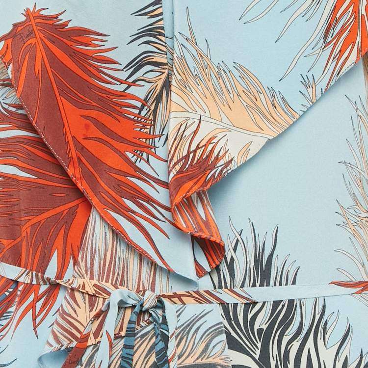 مملوكة مسبقًا Emilio Pucci Blue Feather Print Silk Ruffle Midi Dress M