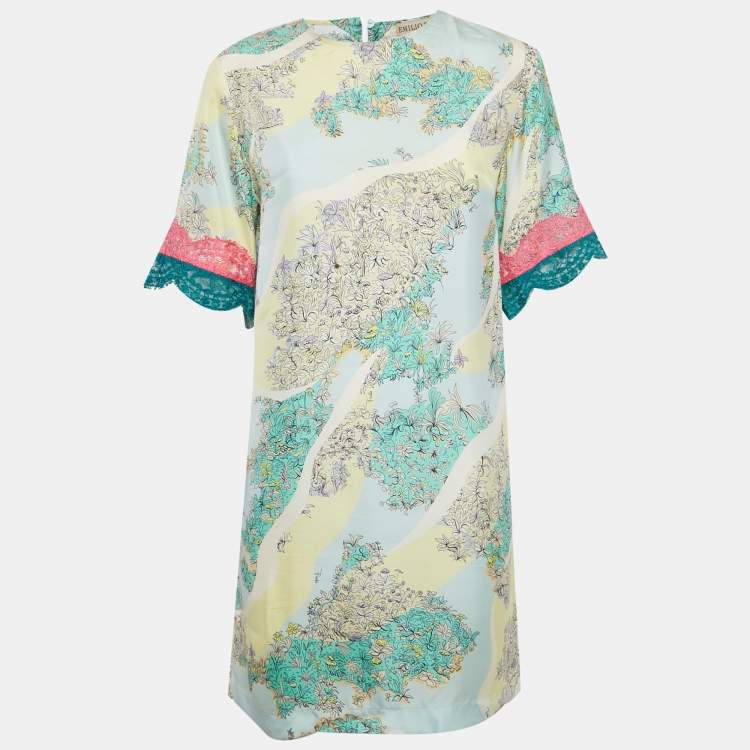 Pre Owned Emilio Pucci Multicolor Printed Silk & Lace Trim Mini Dress S