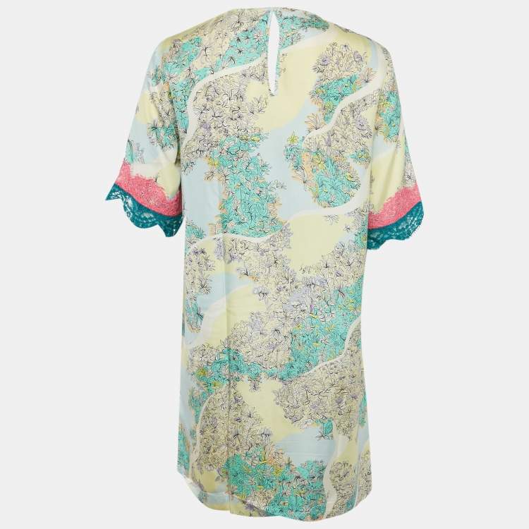 Pre Owned Emilio Pucci Multicolor Printed Silk & Lace Trim Mini Dress S