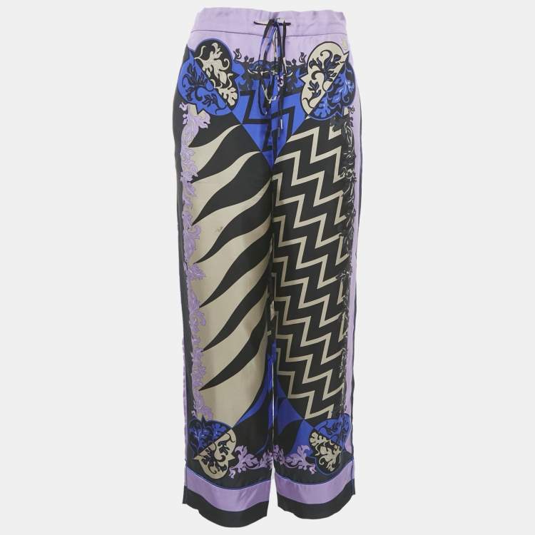 Pre Owned Emilio Pucci Black/Purple Lupa Print Silk Trousers S