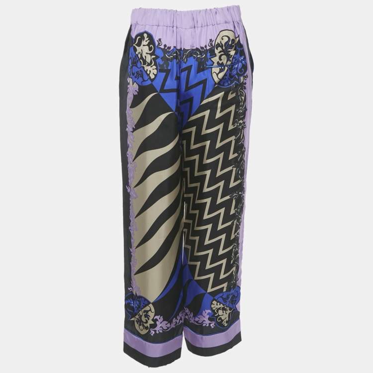 Pre Owned Emilio Pucci Black/Purple Lupa Print Silk Trousers S