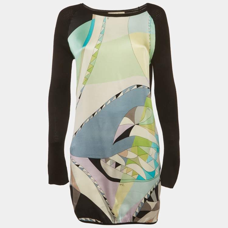 Pre Owned Emilio Pucci Green/Black Printed Satin and Stretch Knit Mini Dress M