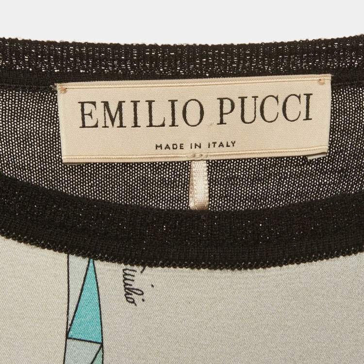 Pre Owned Emilio Pucci Green/Black Printed Satin and Stretch Knit Mini Dress M