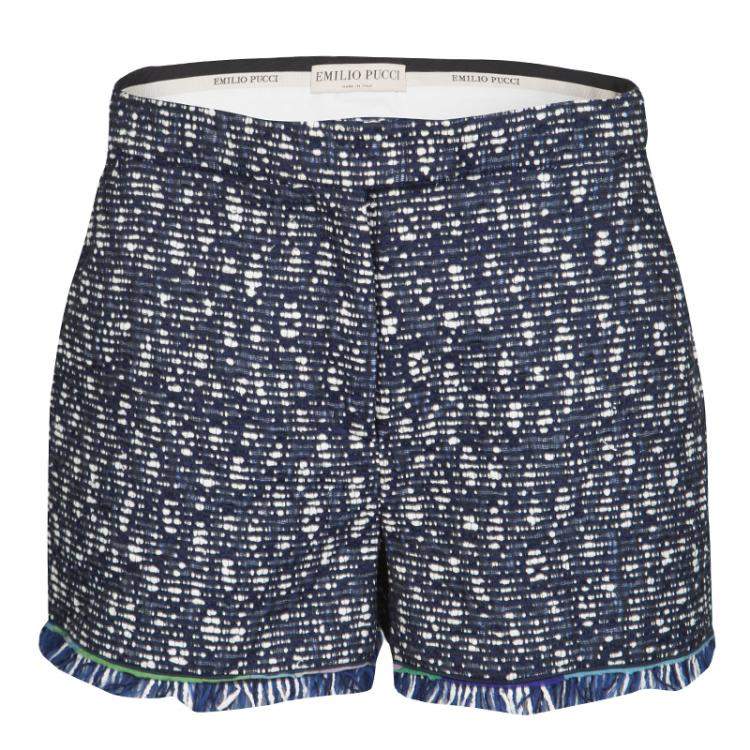 Emilio Pucci Navy Blue and Whte Textured Fringed Bottom Shorts M