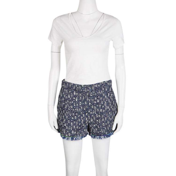 Emilio Pucci Navy Blue and Whte Textured Fringed Bottom Shorts M