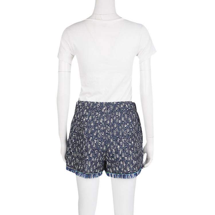 Emilio Pucci Navy Blue and Whte Textured Fringed Bottom Shorts M