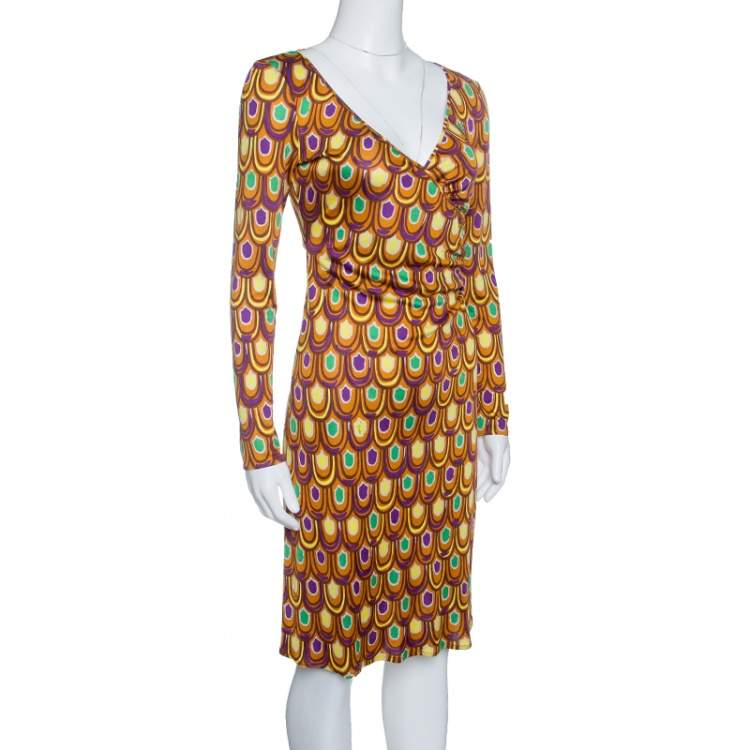 Pre Owned Emilio Pucci Multicolor Printed Silk Jersey Long Sleeve Dress S