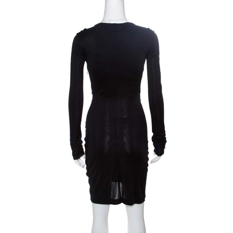 Pre Owned Emilio Pucci Black Ruched Jersey Rhinestone Embellished Long Sleeve Dress S