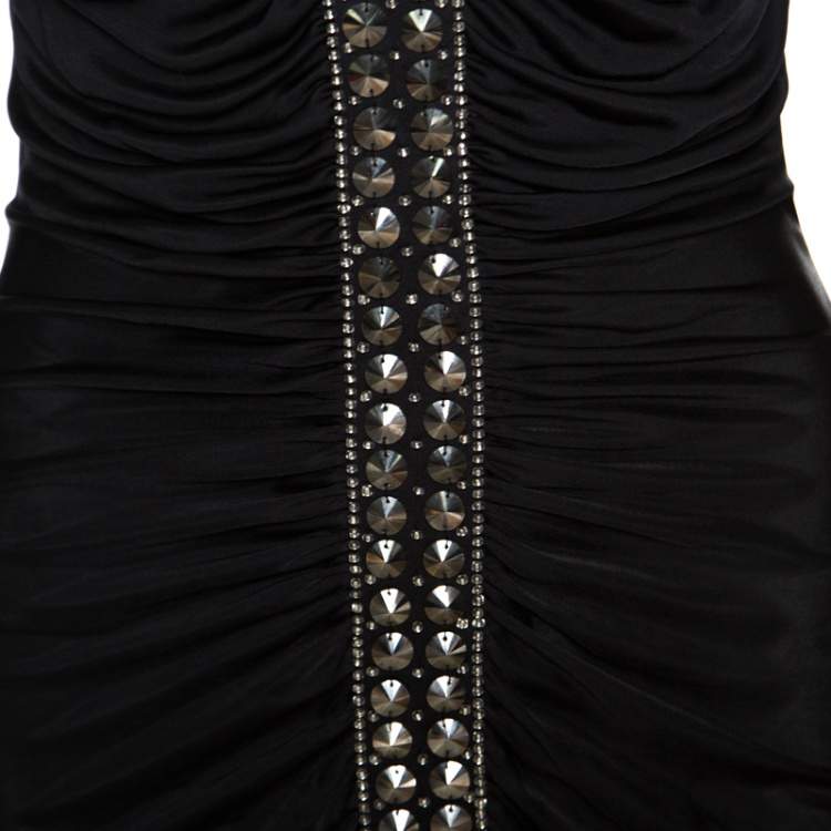 Pre Owned Emilio Pucci Black Ruched Jersey Rhinestone Embellished Long Sleeve Dress S