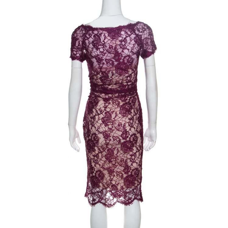 Pre Owned Emilio Pucci Burgundy Floral Lace Scalloped Trim Ruched Dress S