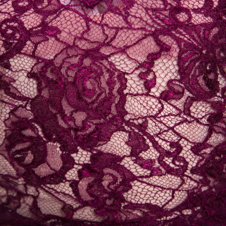 Pre Owned Emilio Pucci Burgundy Floral Lace Scalloped Trim Ruched Dress S