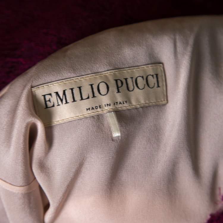 Pre Owned Emilio Pucci Burgundy Floral Lace Scalloped Trim Ruched Dress S