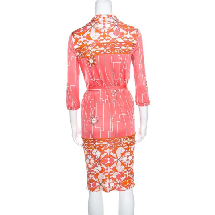 Pre Owned Emilio Pucci Pink Printed Silk Belted Shirt Dress S