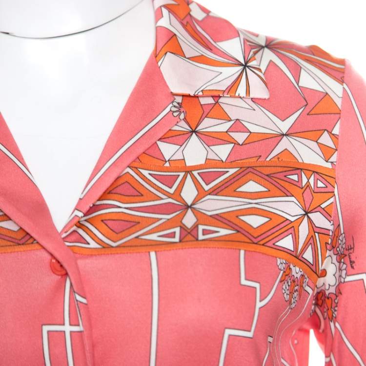 Pre Owned Emilio Pucci Pink Printed Silk Belted Shirt Dress S