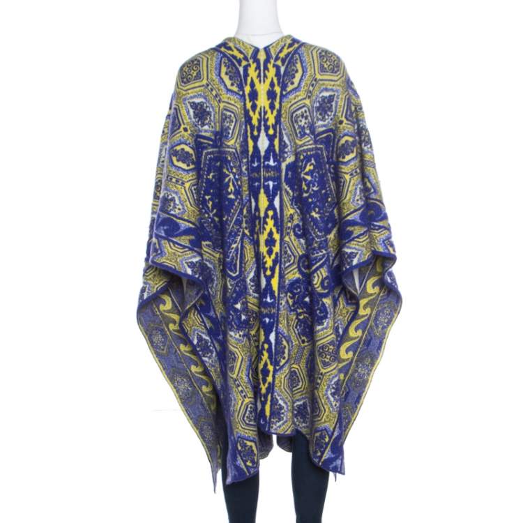 Pre Owned Emilio Pucci Blue and Neon Yellow Patterned Jacquard Knit Poncho S