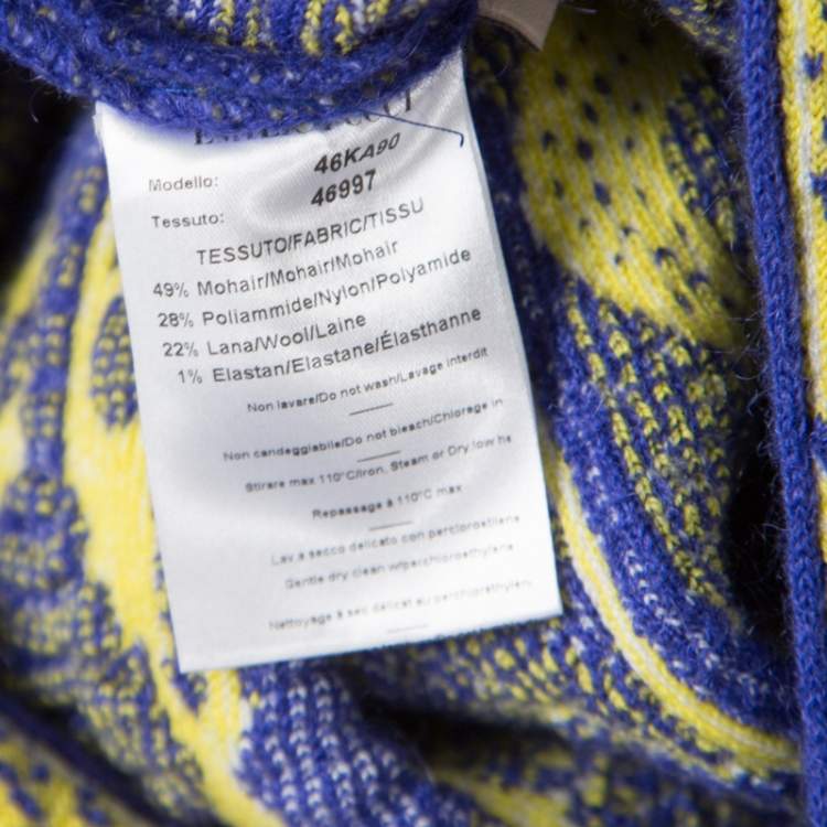 Pre Owned Emilio Pucci Blue and Neon Yellow Patterned Jacquard Knit Poncho S
