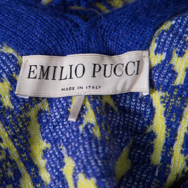 Pre Owned Emilio Pucci Blue and Neon Yellow Patterned Jacquard Knit Poncho S