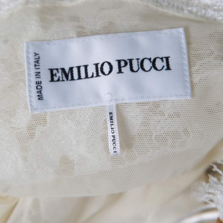 Pre Owned Emilio Pucci White Floral Lace Scalloped Trim Ruched One Shoulder Dress S