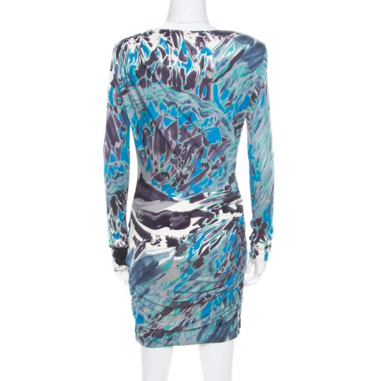 Pre Owned Emilio Pucci Multicolor Printed Silk Jersey Power Shoulder Draped Dress M