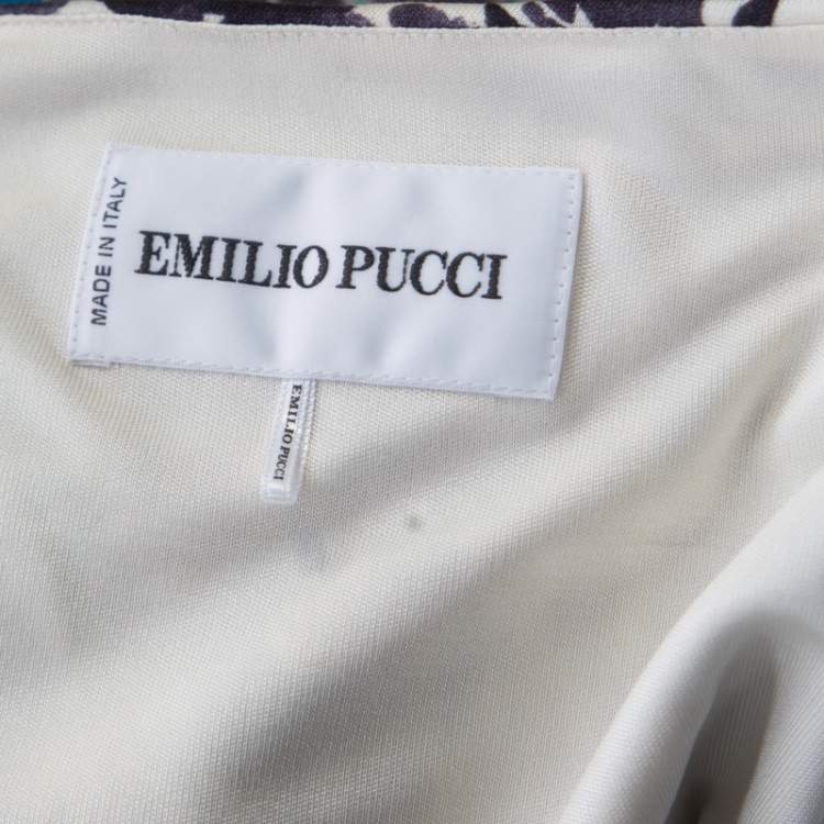 Pre Owned Emilio Pucci Multicolor Printed Silk Jersey Power Shoulder Draped Dress M