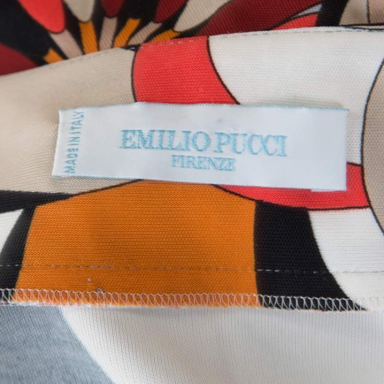 Pre Owned Emilio Pucci Firenze Multicolor Printed Jersey Plunge Neck Peplum Top M