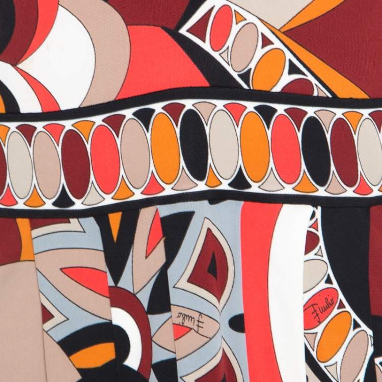 Pre Owned Emilio Pucci Firenze Multicolor Printed Jersey Plunge Neck Peplum Top M