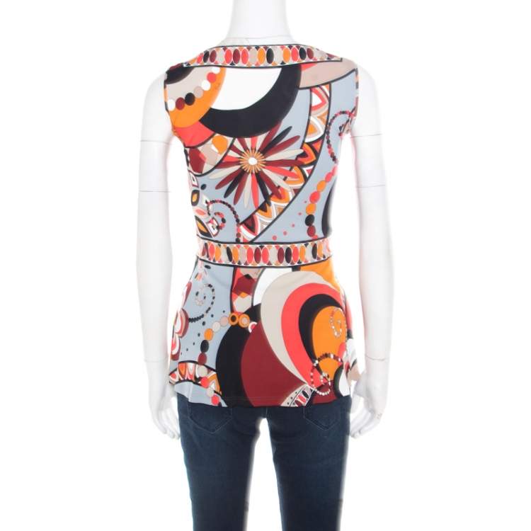 Pre Owned Emilio Pucci Firenze Multicolor Printed Jersey Plunge Neck Peplum Top M