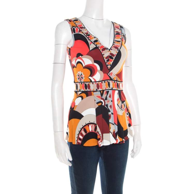 Pre Owned Emilio Pucci Firenze Multicolor Printed Jersey Plunge Neck Peplum Top M