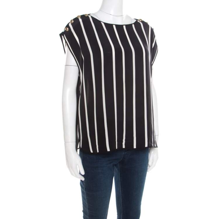 Pre Owned Emilio Pucci Black and White Striped Silk Oversized Sleeveless Top S