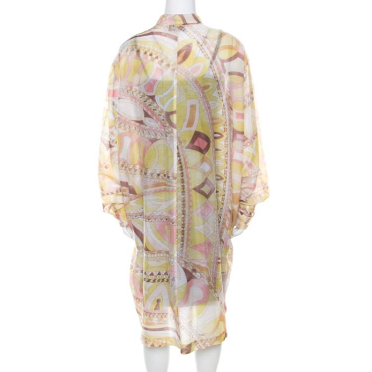 Pre Owned Emilio Pucci Multicolor Washed Out Printed Cotton and Silk Shirt Dress L