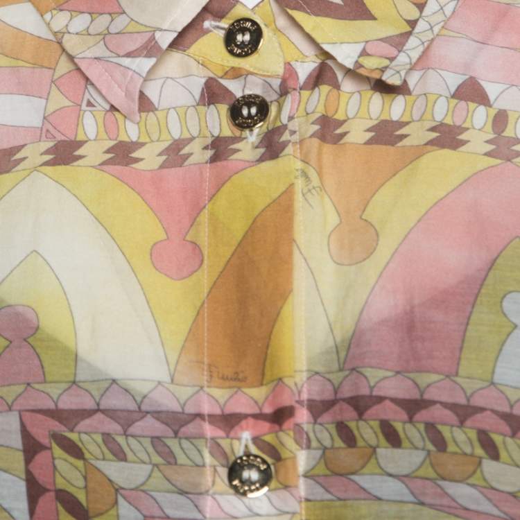Pre Owned Emilio Pucci Multicolor Washed Out Printed Cotton and Silk Shirt Dress L