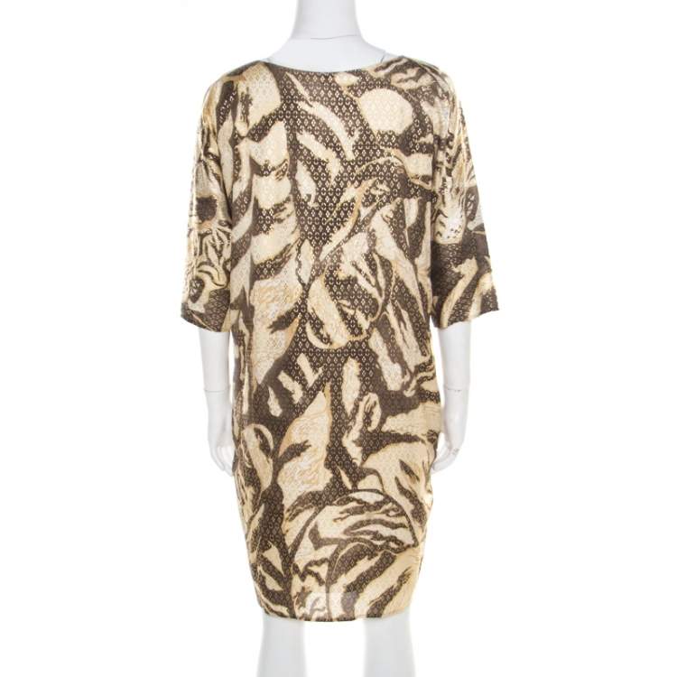 Pre Owned Emilio Pucci Brown and Beige Foil Printed Silk Long Sleeve Dress S