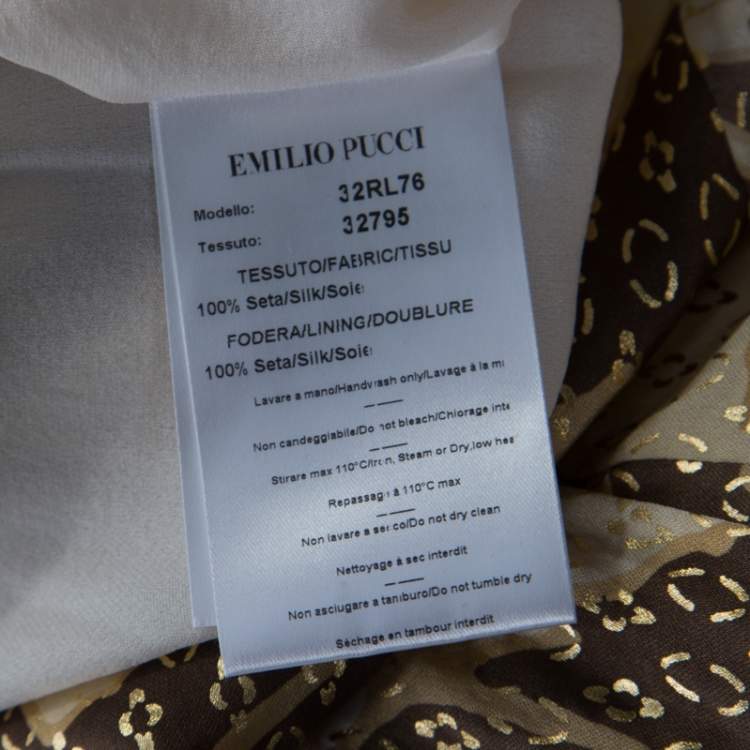 Pre Owned Emilio Pucci Brown and Beige Foil Printed Silk Long Sleeve Dress S