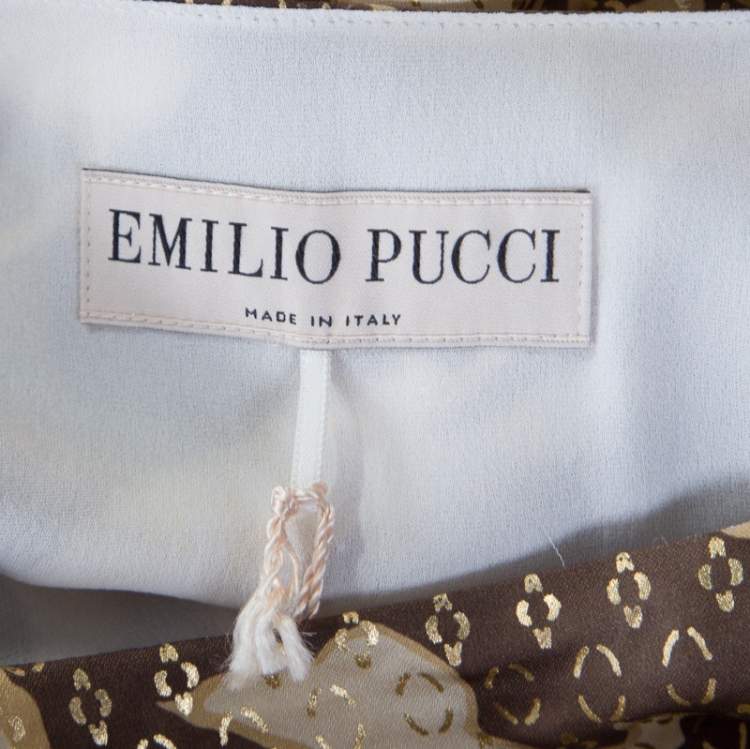 Pre Owned Emilio Pucci Brown and Beige Foil Printed Silk Long Sleeve Dress S