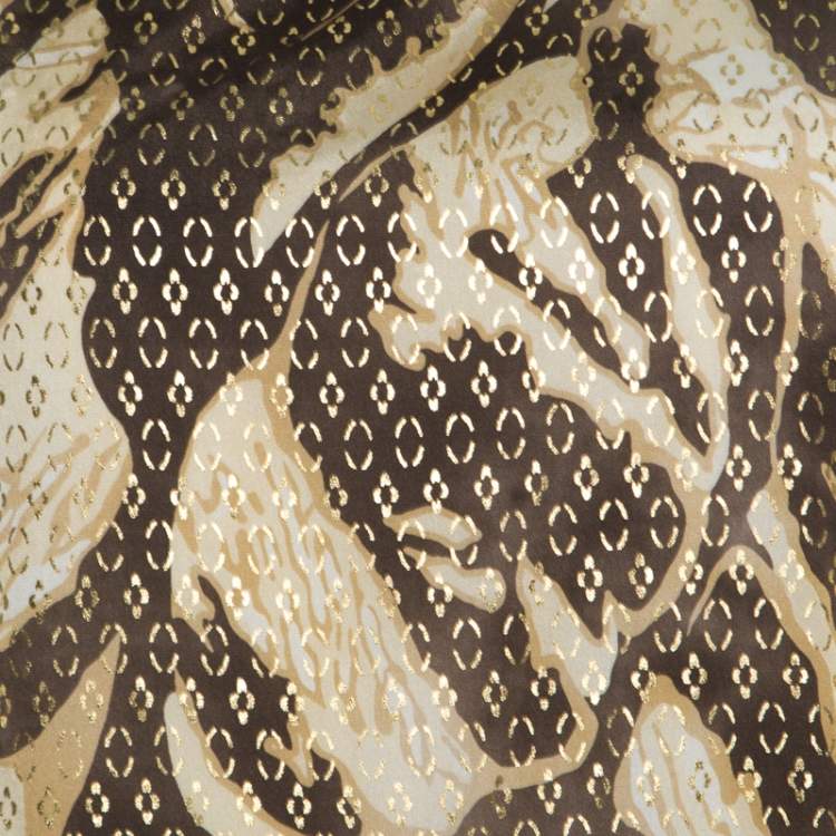 Pre Owned Emilio Pucci Brown and Beige Foil Printed Silk Long Sleeve Dress S