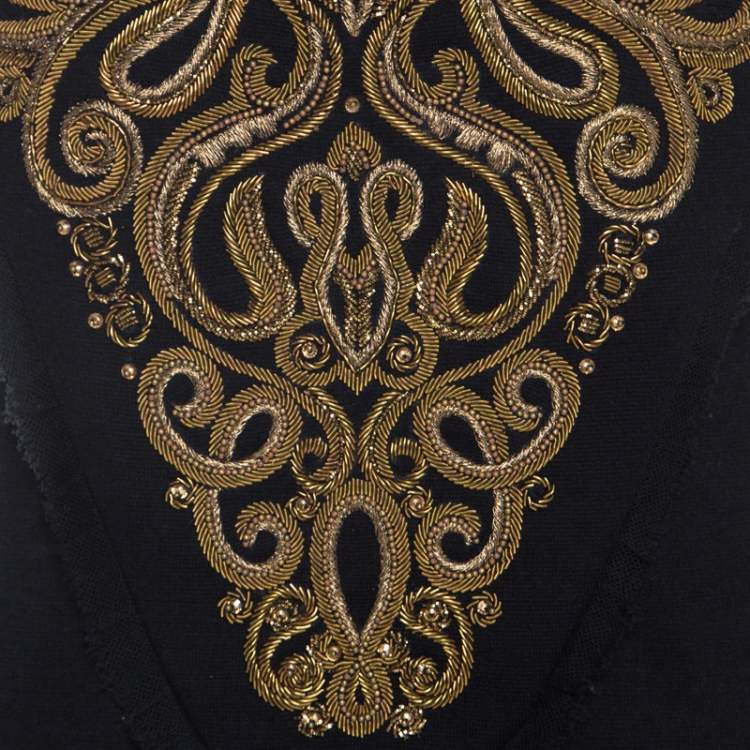Pre Owned Emilio Pucci Black Wool Gold Beaded Long Sleeve Corset Dress M 