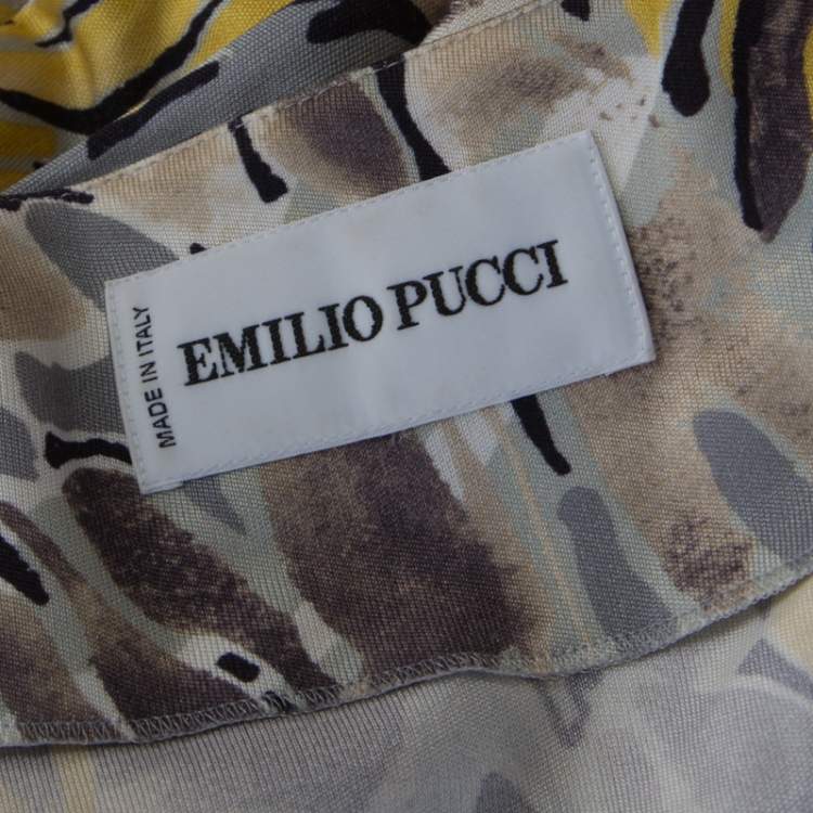 Pre Owned Emilio Pucci Multicolor Abstract Print Stretch Jersey Pleated Plunge Neck Dress L