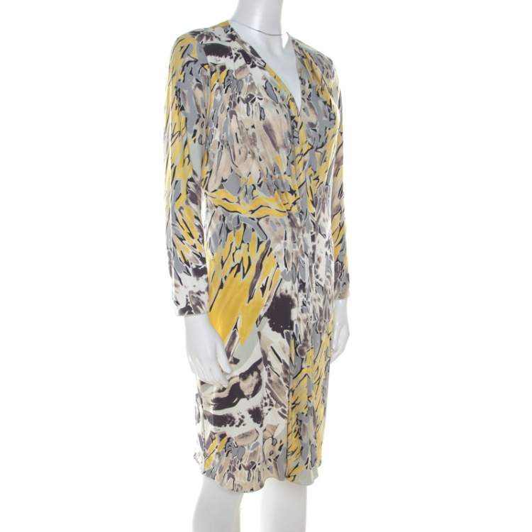 Pre Owned Emilio Pucci Multicolor Abstract Print Stretch Jersey Pleated Plunge Neck Dress L