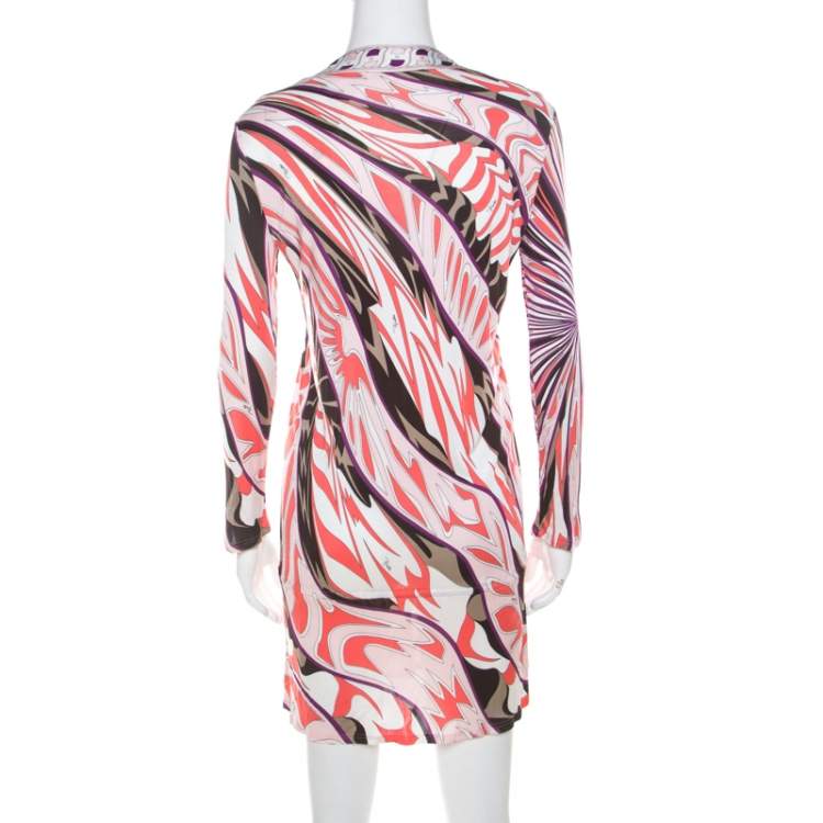 Pre Owned Emilio Pucci Multicolor Signature Print Jersey Knit Drawstring Short Dress M