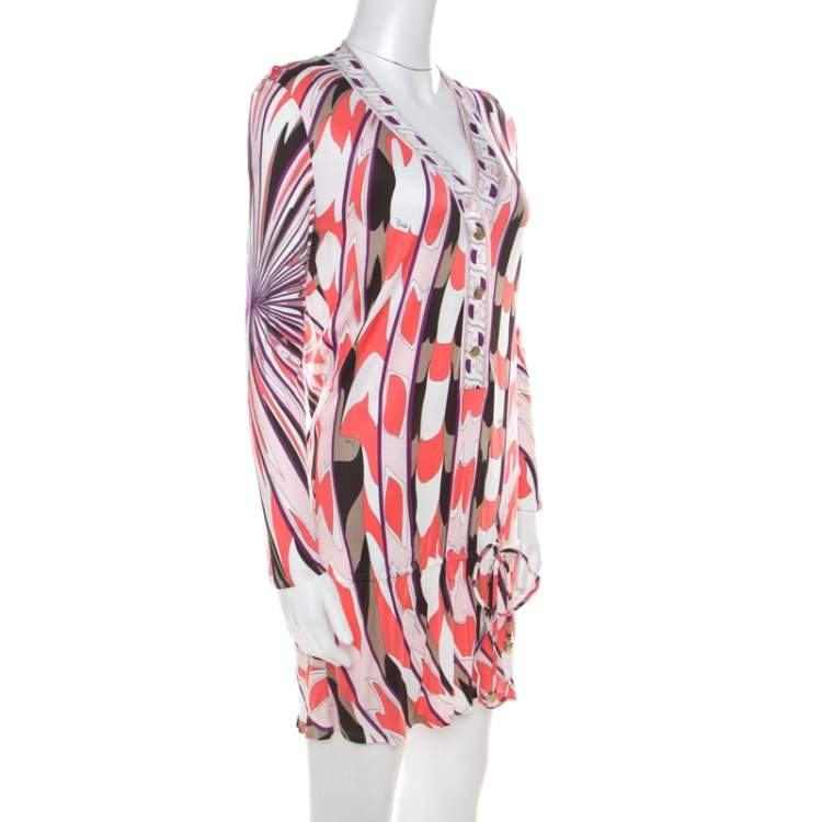 Pre Owned Emilio Pucci Multicolor Signature Print Jersey Knit Drawstring Short Dress M