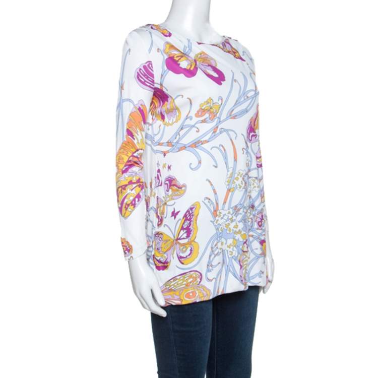 Pre Owned Emilio Pucci White Butterfly Print Knit Tunic Top M