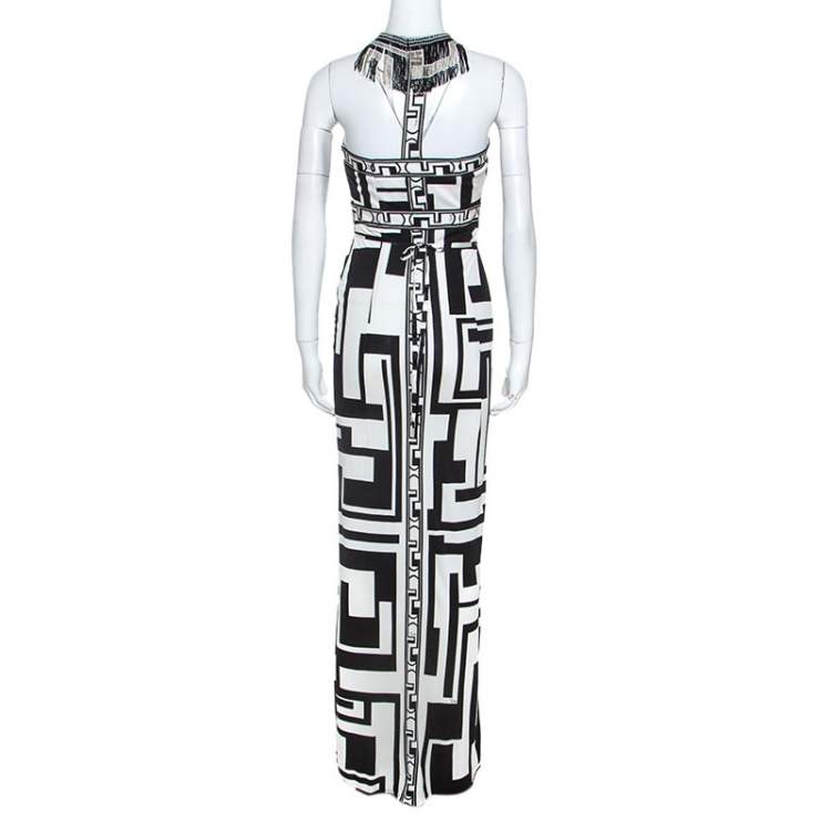 Pre Owned Emilio Pucci Monochrome Printed Silk Beaded Collar Dress M