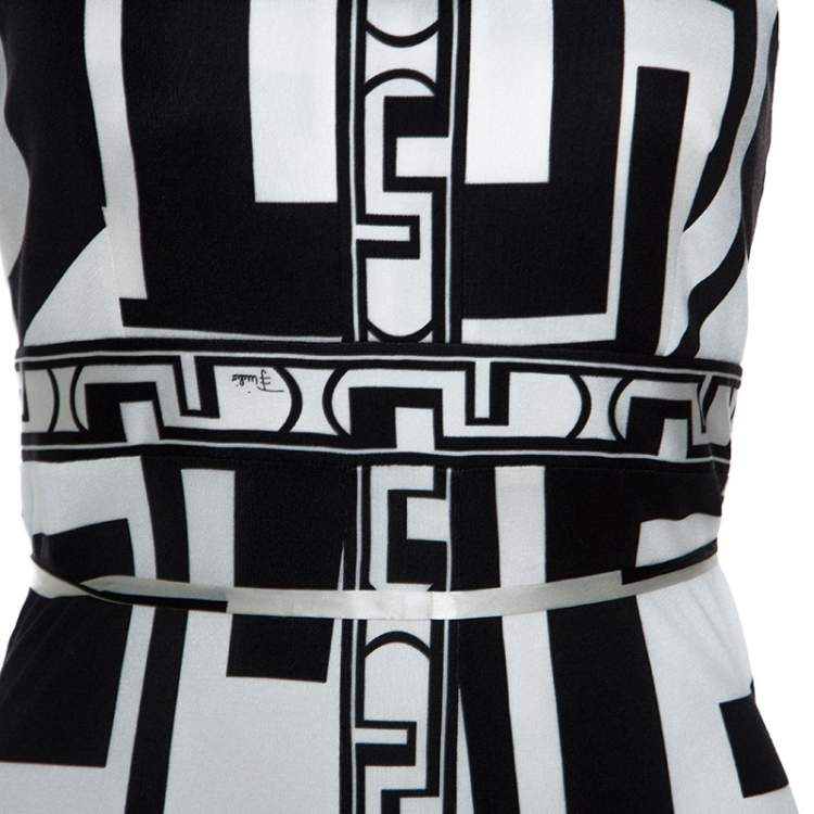 Pre Owned Emilio Pucci Monochrome Printed Silk Beaded Collar Dress M