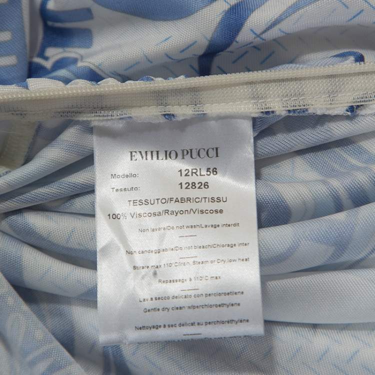 Pre Owned Emilio Pucci Blue and White Printed Ruched Sleeveless Dress S